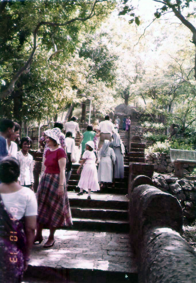 Climbing the steps to the caves